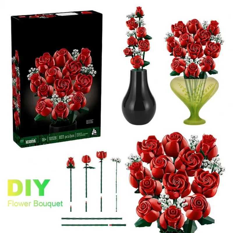Compatible with Bouquet Building Blocks New Assembled Ornaments Preserved Fresh Flower Valentines Day Toys Roses10328 Z250528