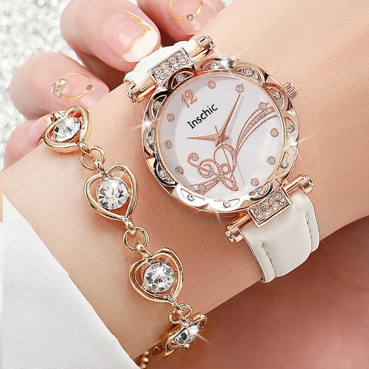 6PCS/Set Fashion Rhinestone Womens Watch Leather Band Analog Quartz Watches Rhinestone Heart Jewelry Set(Without Box) XJ250527