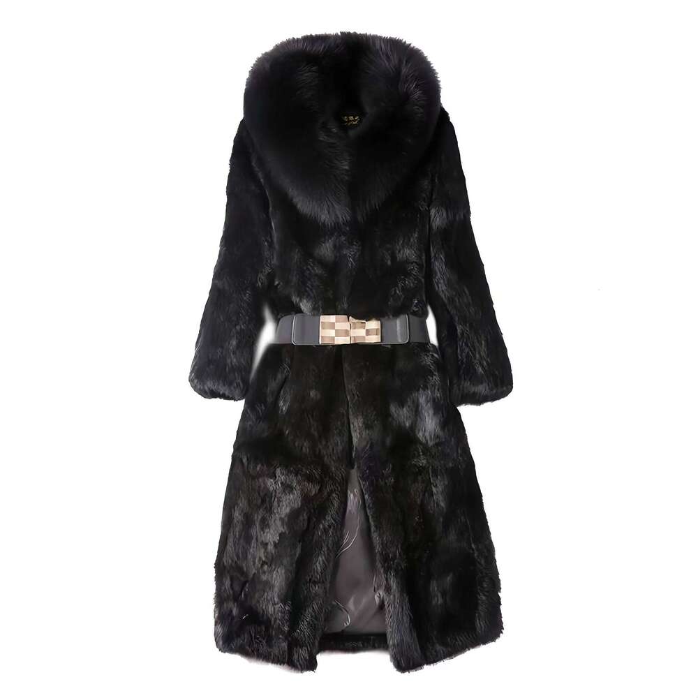 Real genuine natural full pelt rabbit coat with fox fur collar women fashion jacket custom any size 2024
