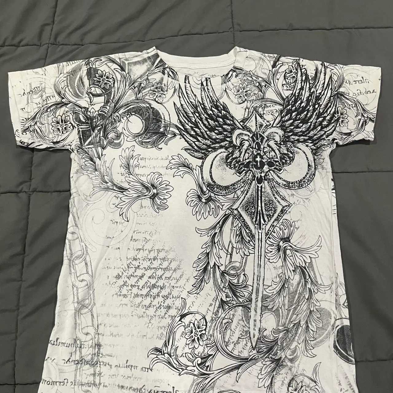 Mens White and Grey T-shirt Double-sided printed pattern hip-hop y2k loose trendy top for men X250528
