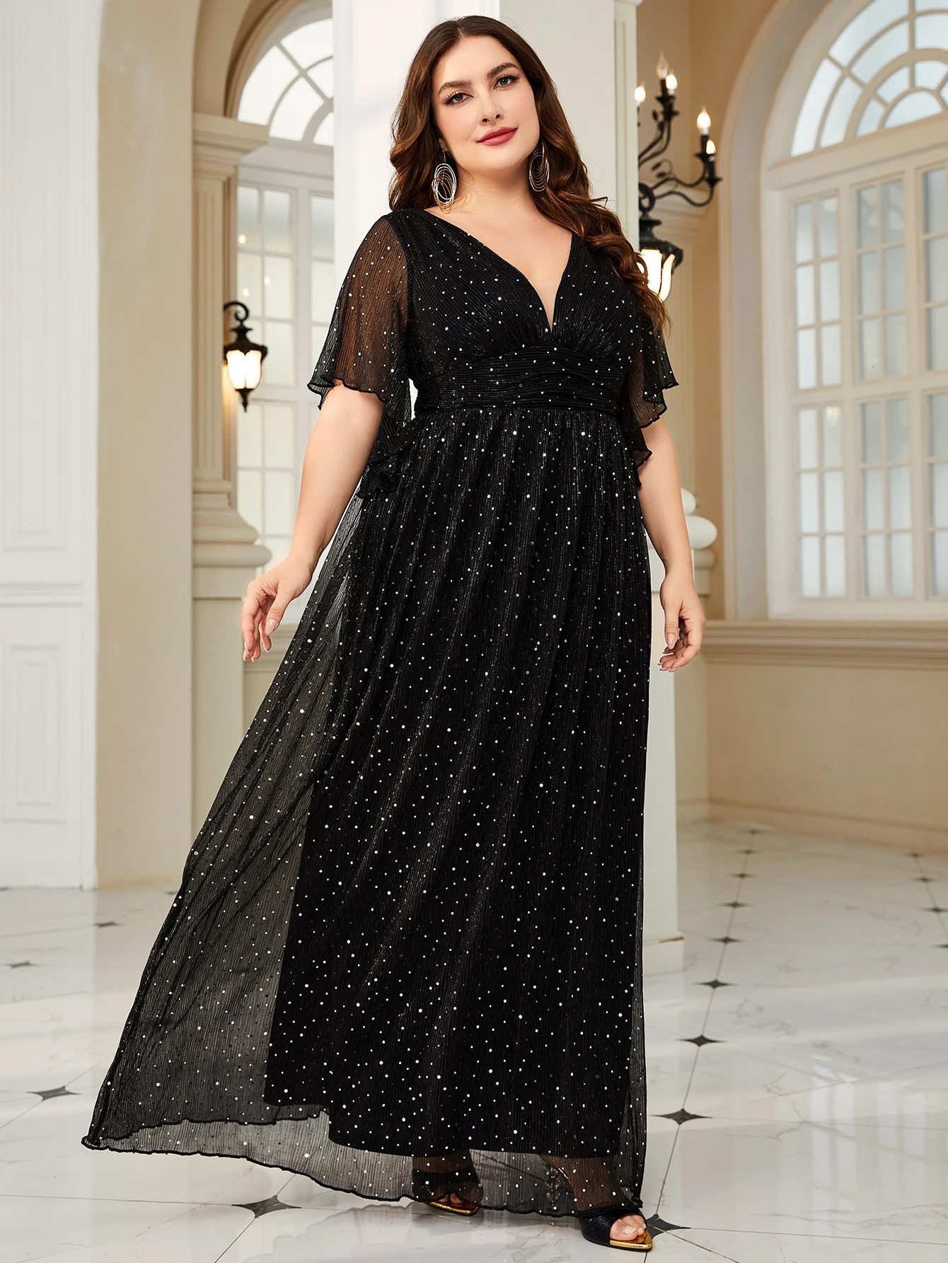 Unithorse Plus VNeck Waist Ruched Floral Sleeve Glitter Sequin Dress 250517