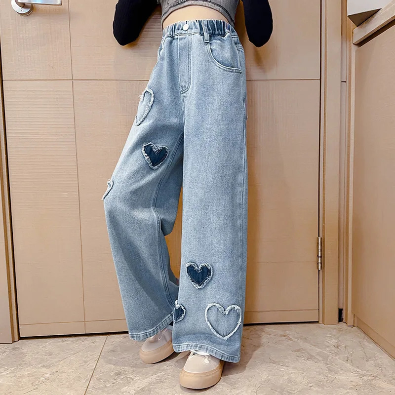 Spring Autumn Girls Love Rough Edges Jean Korean Version Style Kids Middle Waist Cowboy Pants Elastic Long 250528