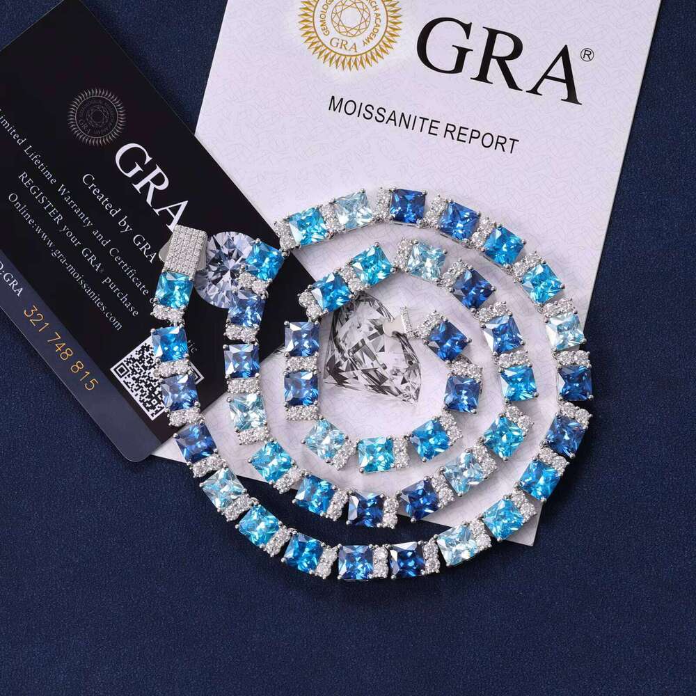 Fashion Sterling Sier Vvs Moissanite 6.5mm Baguette Dia Tennis Chain Necklace Summer Blue Gradient Color Jewelry