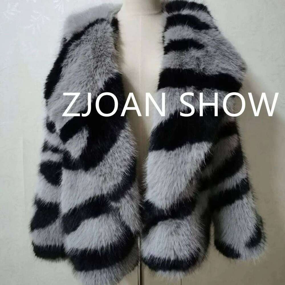 HIGH QUALITY Winter Zebra Striped Large Lapel Coat Long Sleeve Warm Shaggy Faux Fur Jacket Loose Outwear