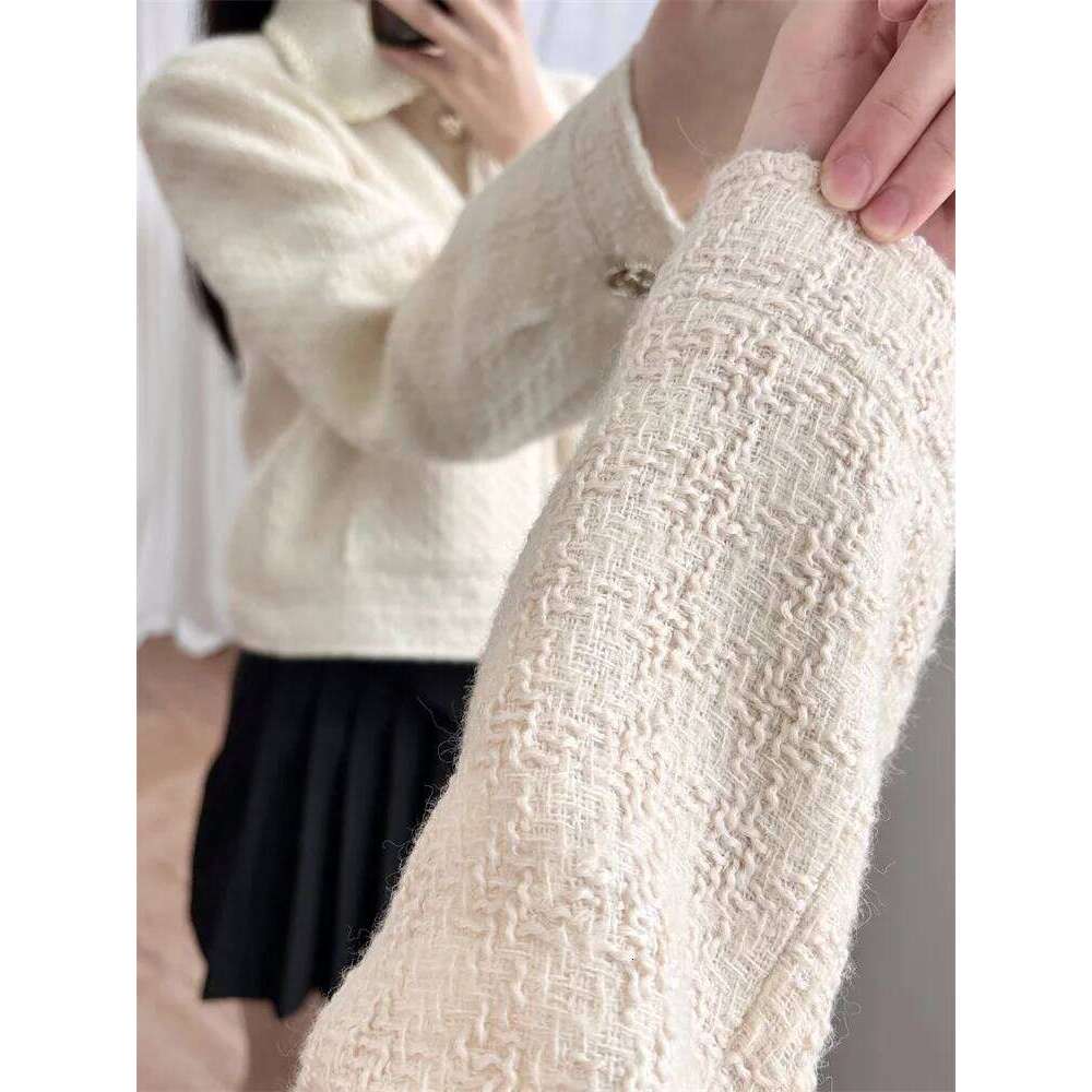 Women's Woven Tweed Coat Zipper Turn-down Collar Long Sleeve Pockets 2025 Spring Female Short Jacket