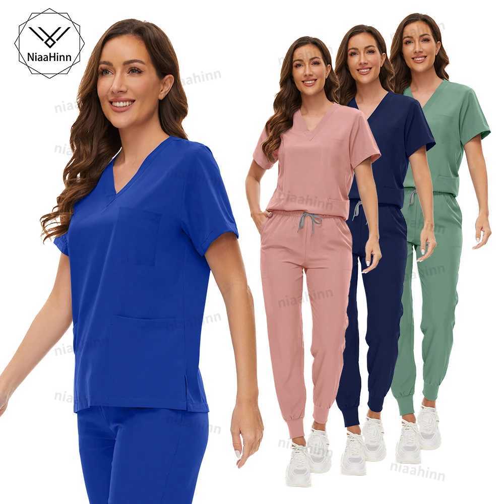 Nurse Scrubs Hospital Uniform Women V-neck Short Slved Tops Jogger Scrub Multicolor Beauty Sn Nursing Work Clothes Lab Coat X2505281