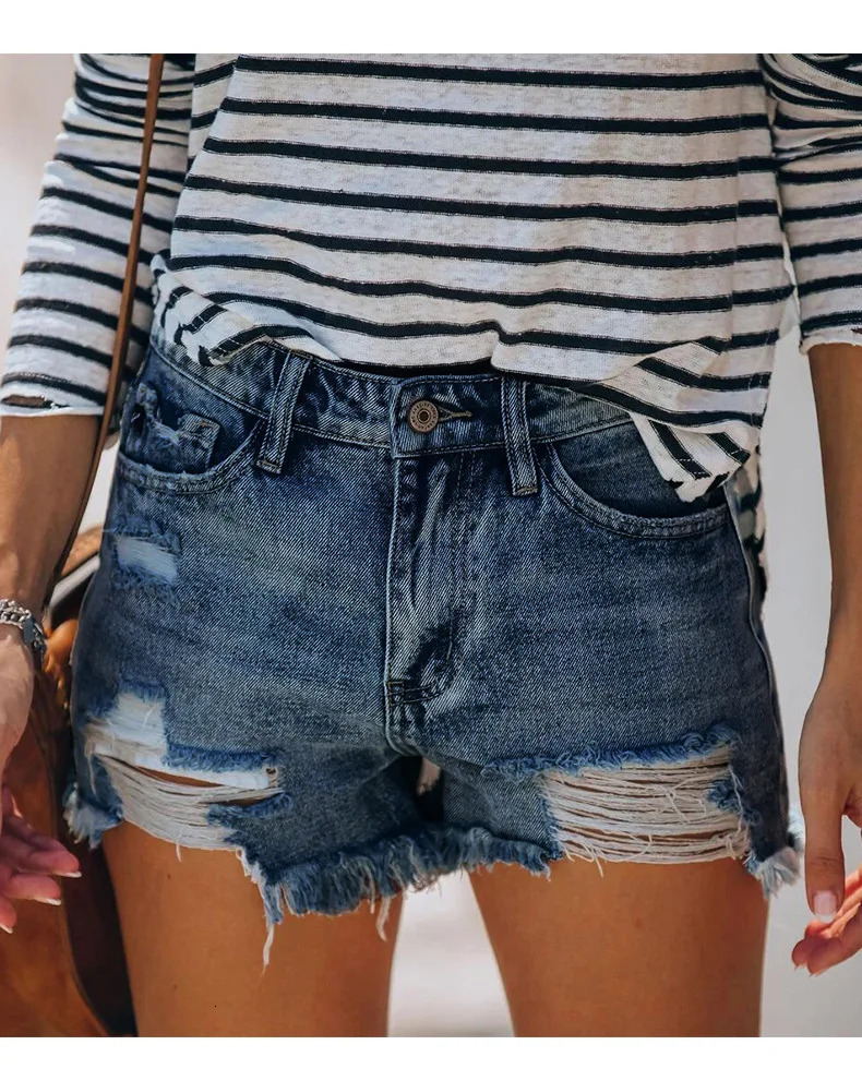 Summer Womens Ripped Denim Shorts Fashion High Elastic Tassel Straight Jeans Shorts Casual Sexy Ladies Shorts 250520