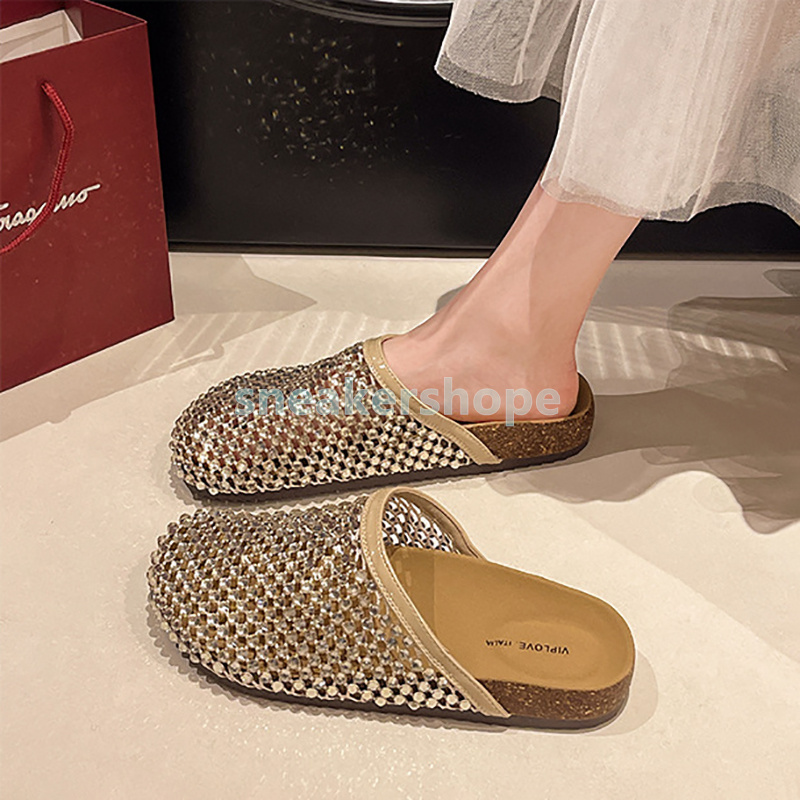 designer slides womens sandals slip-on slippers clogs sliders flat heels summer rhinestone glint fishing net sandal fashion sliders casual thick-soled