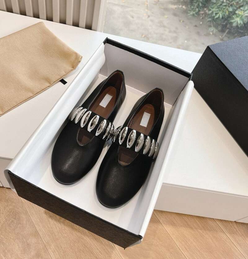 Sheepskin Version ~ Metal Buckle Elastic Band Flat Ballet for Women Summer Silver Genuine Leather Slip-On Mary Jane Shoes