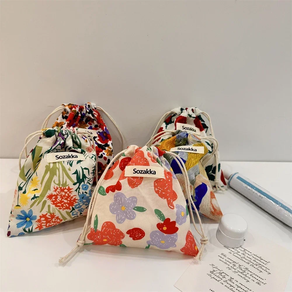 Small Cotton Fabric Floral Drawstring Bags Cosmetic Bag Lipstick Toiletry Makeup Organizer Christmas Gift Packaging Storage Bag