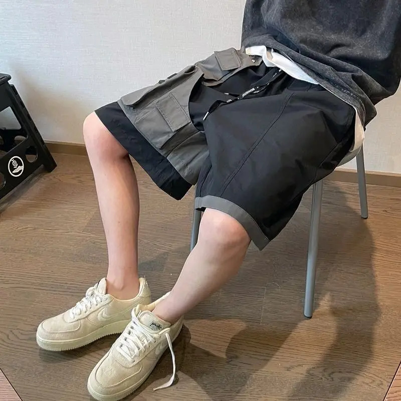 Black and Gray Splicing Versatile Fake Two-piece Pocket Mens Summer High Street Workwear Casual Shorts 250523