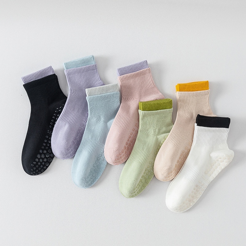Yoga Women Mid-Calf Double Ruffle Color Block Sports Socks Non-Slip Training Fitness Running Pilates