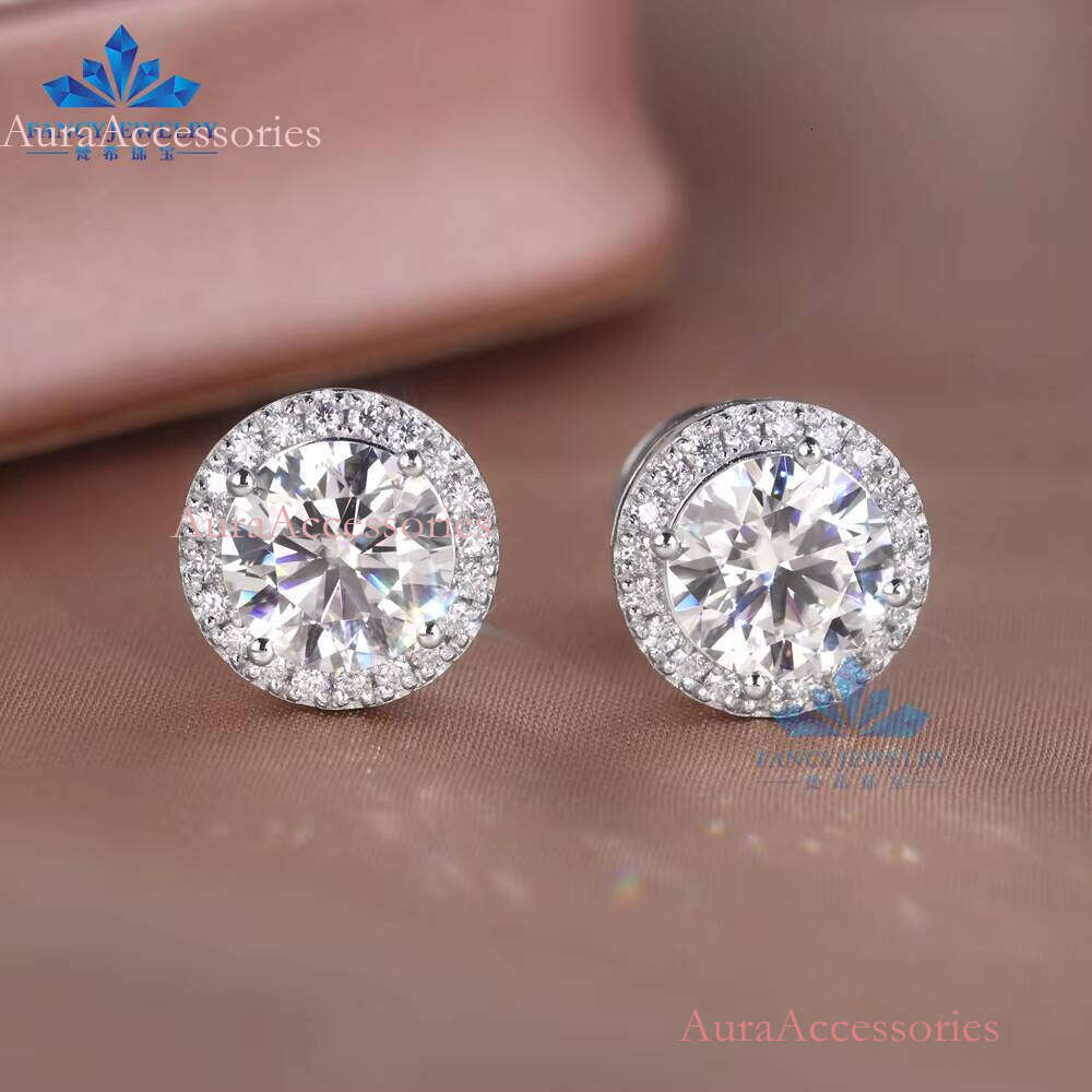 Classic Design 5mm 6.5mm 8mm Dia Def Vvs Round Moissanite Push Back Halo Stud Earrings for Women