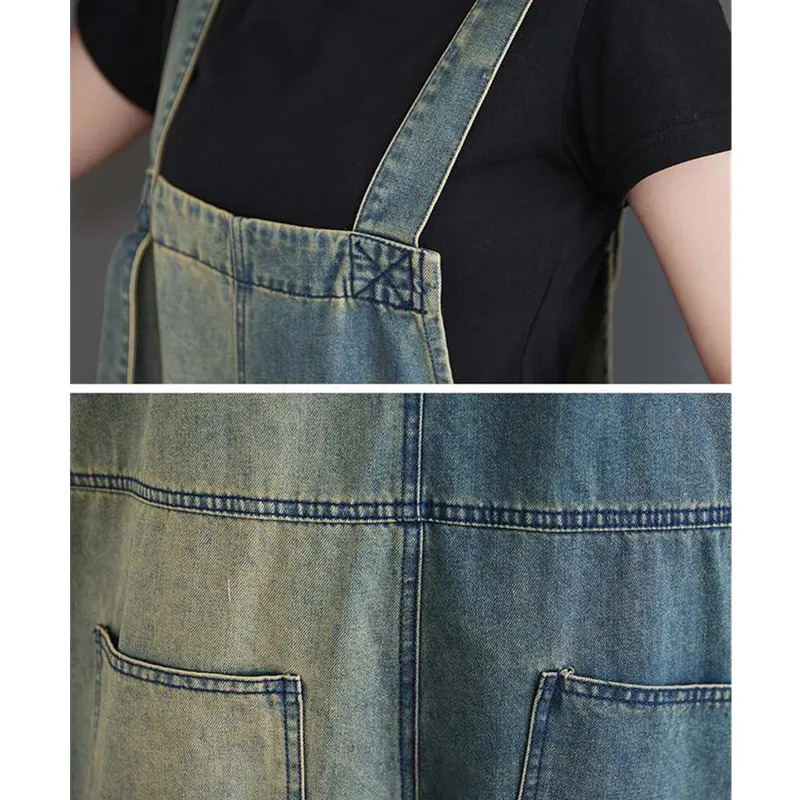 Casual Patchwork Denim Overalls women Spring Summer 2025 Artistic Vintage Suspender Jumpsuit Straight leg Pants Female B920 250523
