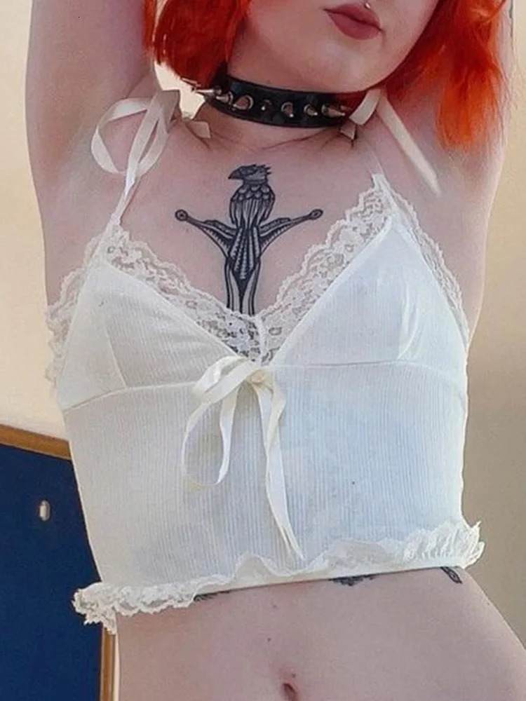 Lace Trim Crop Top Aesthetic White Bow Cute Sweet Mini Vest Knitted Basic Casual Tee Women Summer Backless Beach 250520