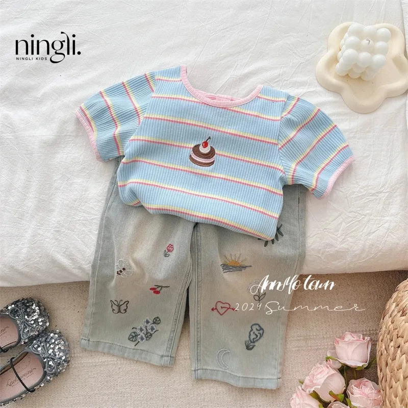 Childrens Clothing Girls Short Sleeve Tshirt Summer Sweater Blue Striped Cake Womens Top 250528