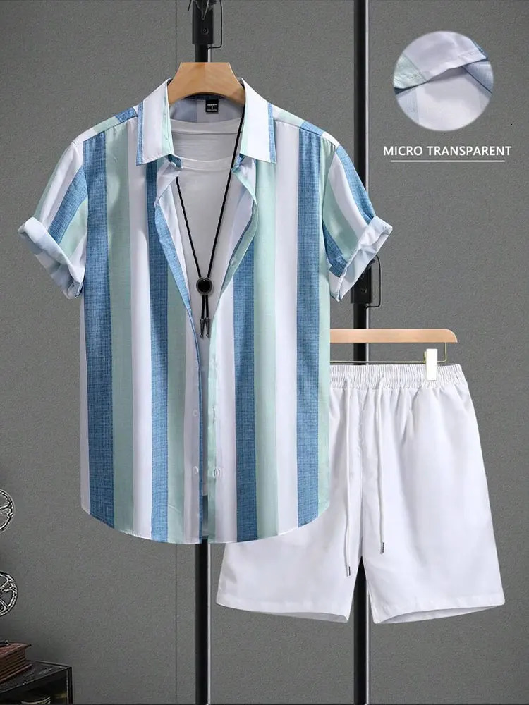 Summer Mens Shirt Shorts Twopiece Set Striped Printed Casual Suit Men Short Sleeve Street Hawaiian Beach Outfits 250520Z
