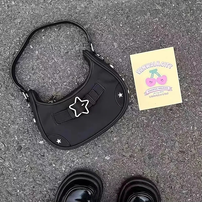 Womens Fashion PU Small Shoulder Bag Y2K Star Armpit Purse American Retro Black Chic Hobo Bag High Quality Handbag 250527