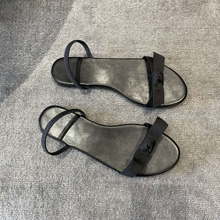 ~2025 Summer New Genuine Leather Fairy Style Bowknot Sandals for Women One-Strap Flat Slippers