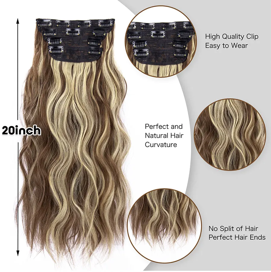 LeeWin Vigorous Long Wavy Clip On Hair Extension For Women 4PCS/Set Hair Extensions Single Color Synthetic Hair Piece