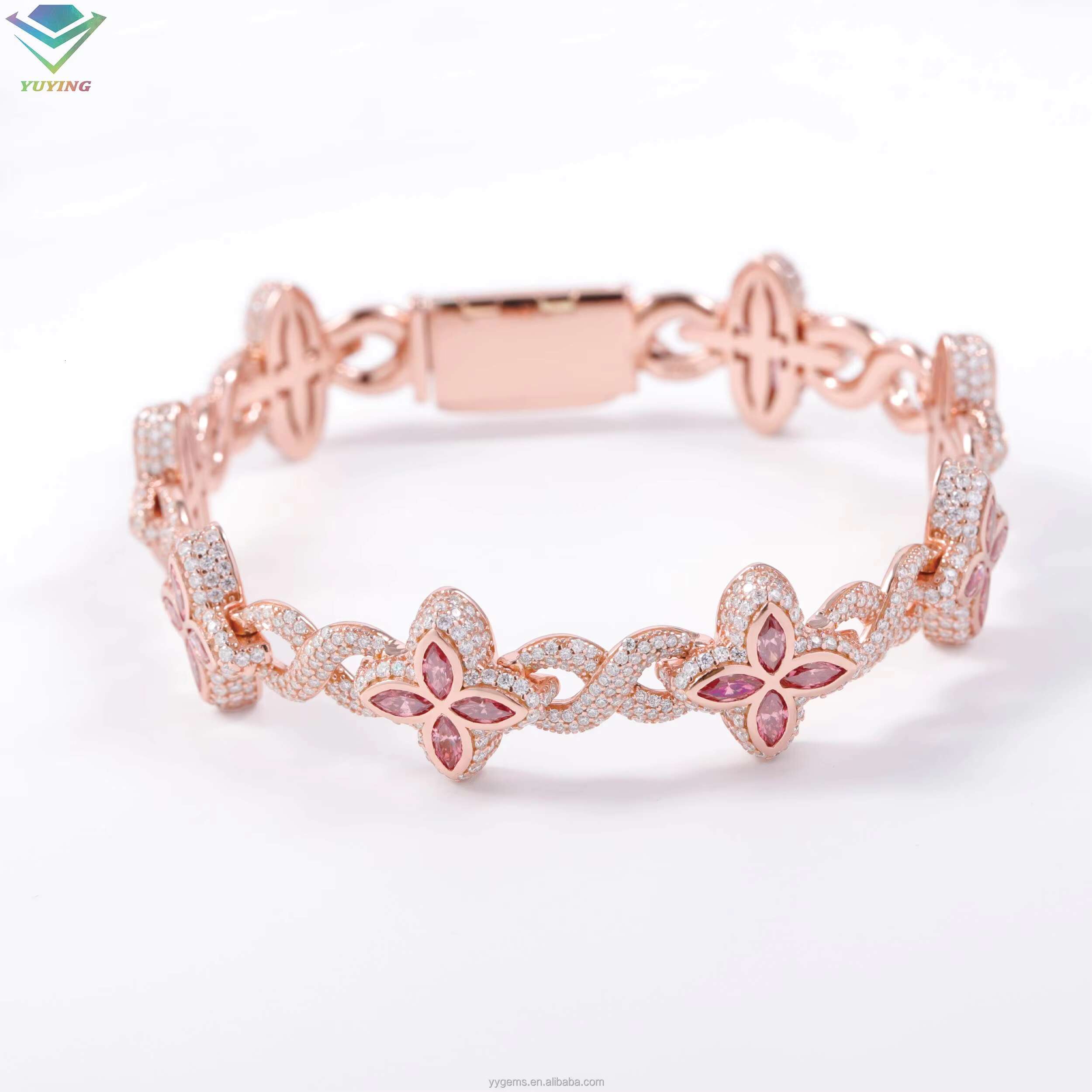 Yu Ying Gold Plated S925 Sterling Silver Clover Pink Green Diamond Cuban Moissanite Bracelet With GRA Certificate