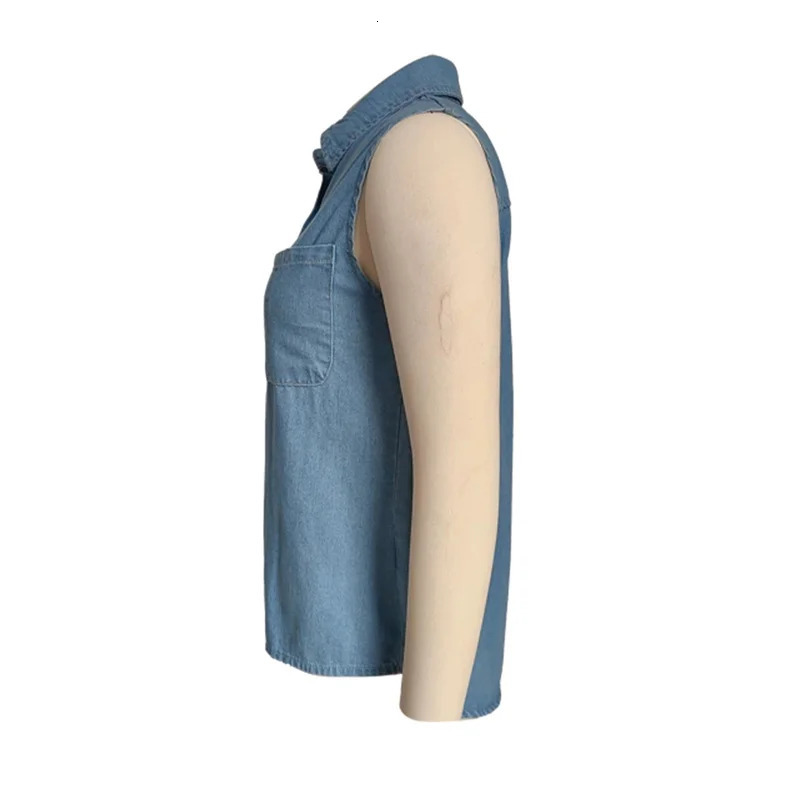 Women Bust Patchwork Single Pocket Shirt Lapel Sleeveless Single-breasted Cardigan Blouse Female Summer Thin Denim Tops Vest 250523