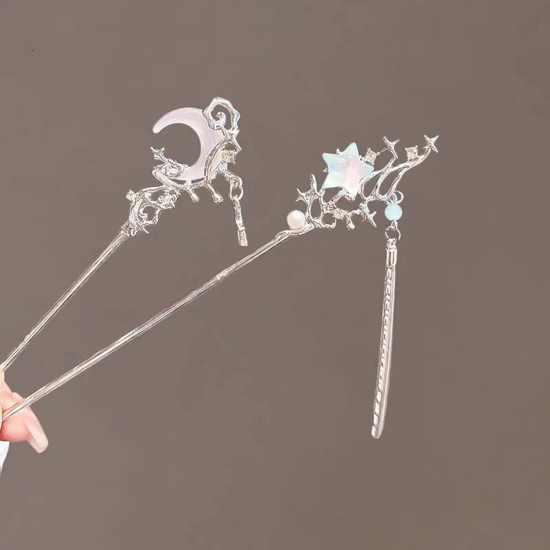 Vintage Moonstone Star Moon Hair Sticks for Women Chinese Style Cross Tassel Hairpin Disk Chopsticks Accessories 250519
