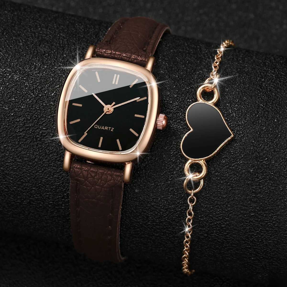 2PCS/Set Fashion Square Women Watch Leather Band Quartz Watches Heart Bracelet Set XJ250527