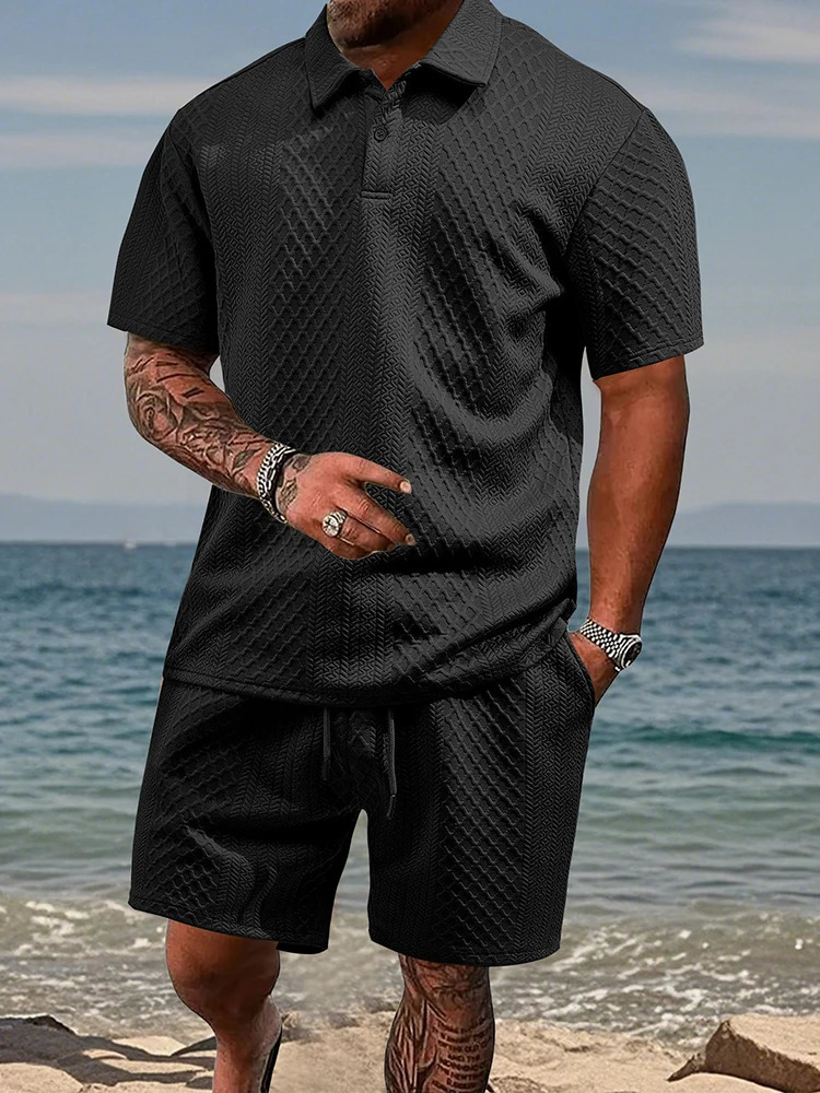 2025 Summer Casual Mens Two Piece Sets Fashion Button Lapel Short Sleeve Polo Shirt And Shorts Outfits Men Vintage Texture Suits 250522