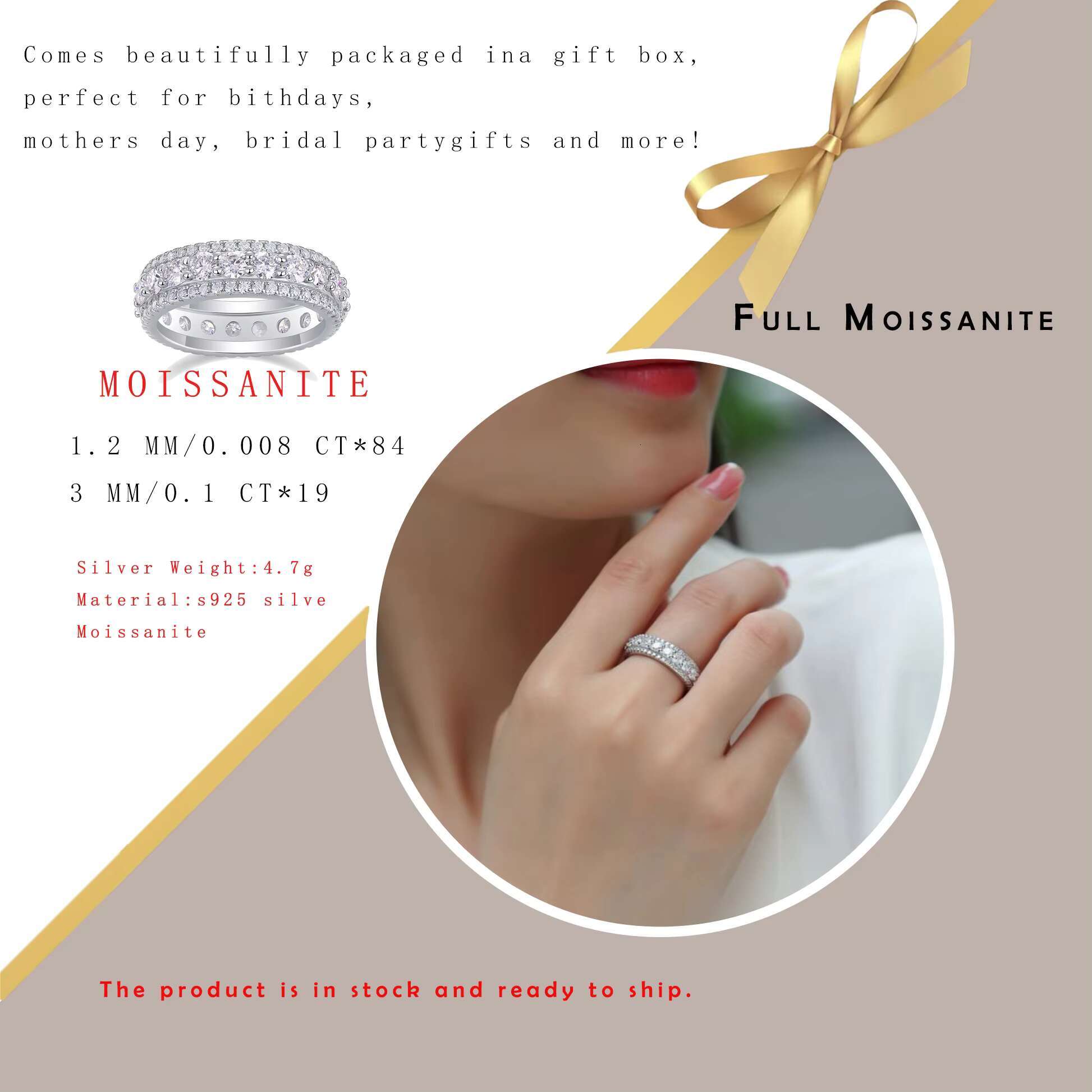 2.572CTW Full Eternity Moissanite Ring 925 Sterling Silver 18K Gold Plated 3 Row Sparkling Band Jewelry for Women Wedding Ring