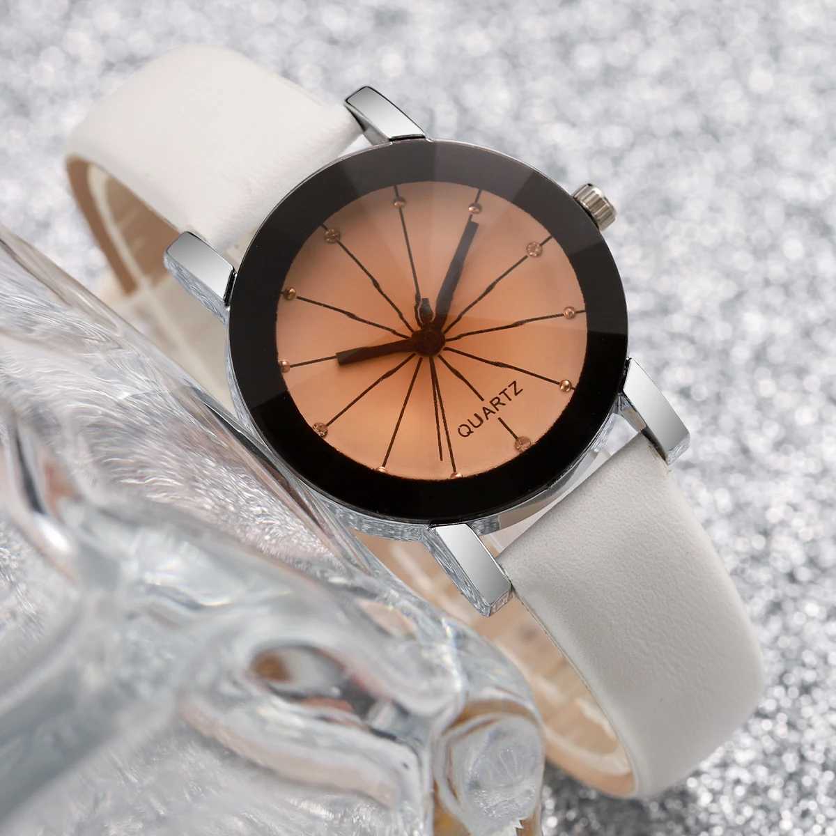 Black White 2pcs/Set Fashionable Round Shape Womens Leather Quartz Watch XJ250527