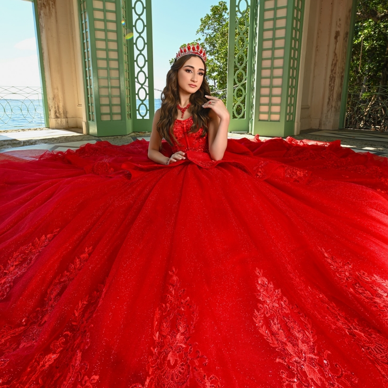 Red Shiny Quinceanera Dresses Off Shoulder Ball Gown Sweet 16 Dress Applique Lace Beading Crytal Bow Tull Birthday Party Vestidos 15 De Anos