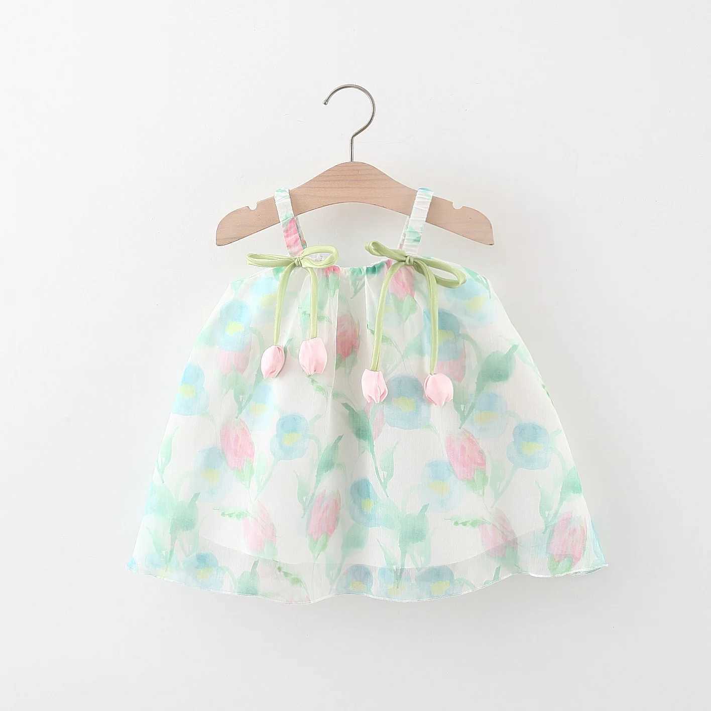Summer Baby Girl With Two Tulips Chiffon Suspender Dress GirlS Bow Princess Dress X2505281
