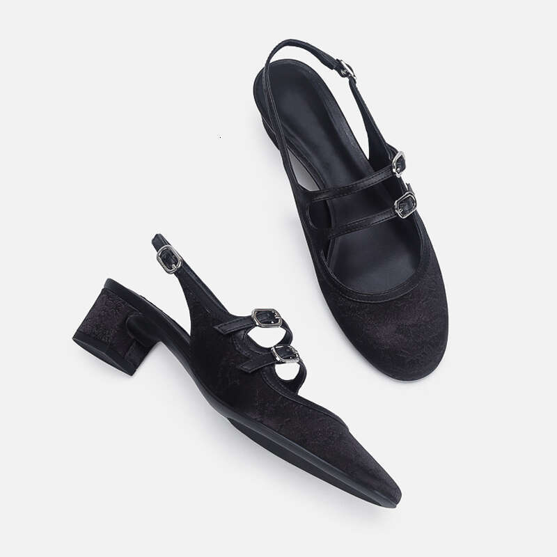 French Style Niche Chunky Sandals for Women 2024 Spring New Mid Heel Open Back Embroidered Double Strap Mary Jane Shoes