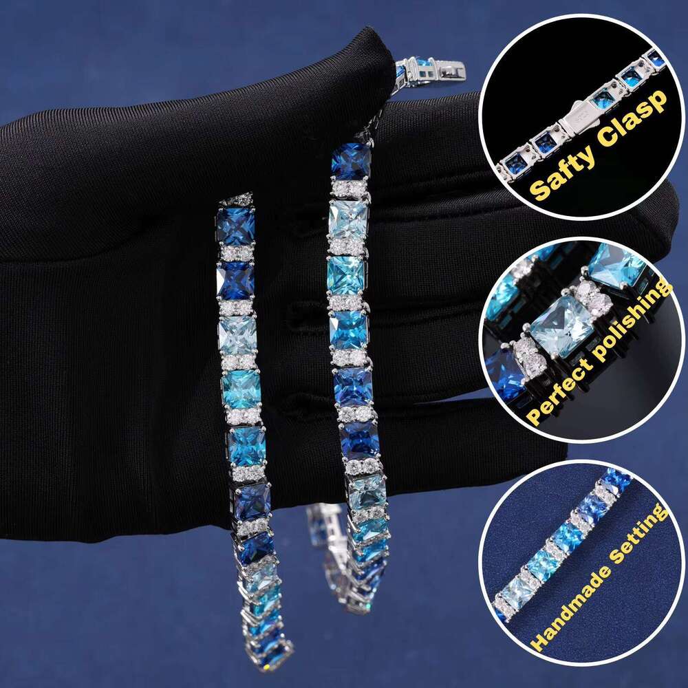 Fashion Sterling Sier Vvs Moissanite 6.5mm Baguette Dia Tennis Chain Necklace Summer Blue Gradient Color Jewelry