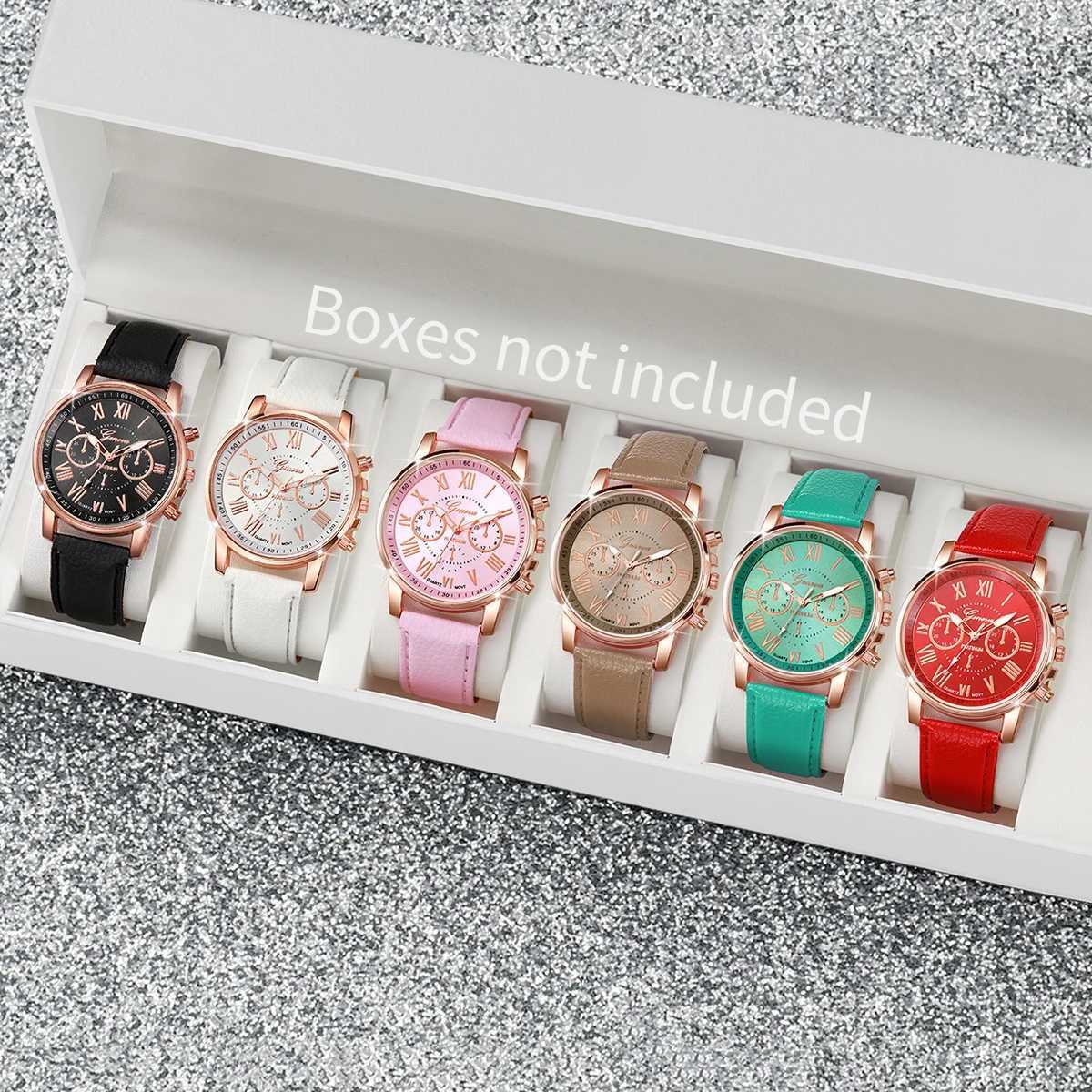 6PCS/Set Fashion Roma Dial Womens Quartz Watch Casual Leather Band Analog Wrist WatchesWithout BoxXJ250527
