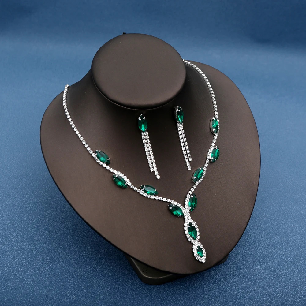 3pcs Elegant Green Crystal Jewelry Sets for Women Crystal Rhinestones Necklace Earrings Bridal Wedding Party Jewelry Sets 250526