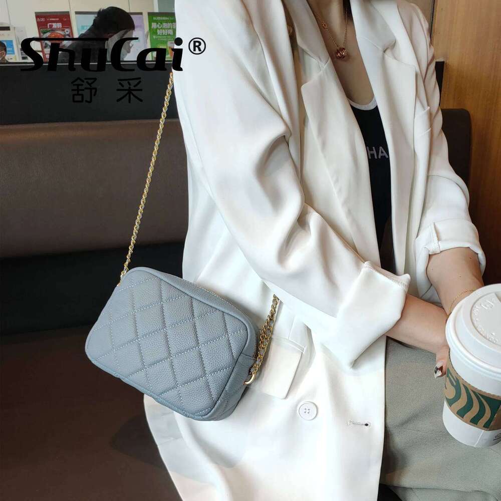SHUCAI First Layer Cowhide Women's Rhombus Fashion Popular Chain Soft Shoulder Messenger Bag Casual TIde New