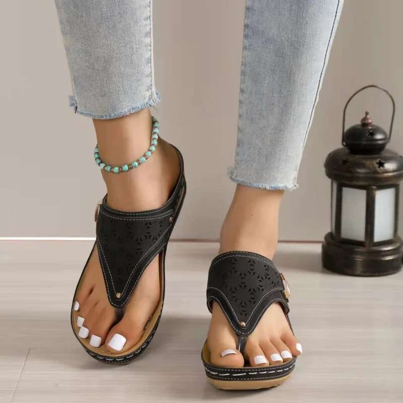 Woman Leather Non-Slip Soft Platform Shoes Flip Flops Summer Women's Wedge Sandal with Heel 2023 Orthopedic Sandals 43