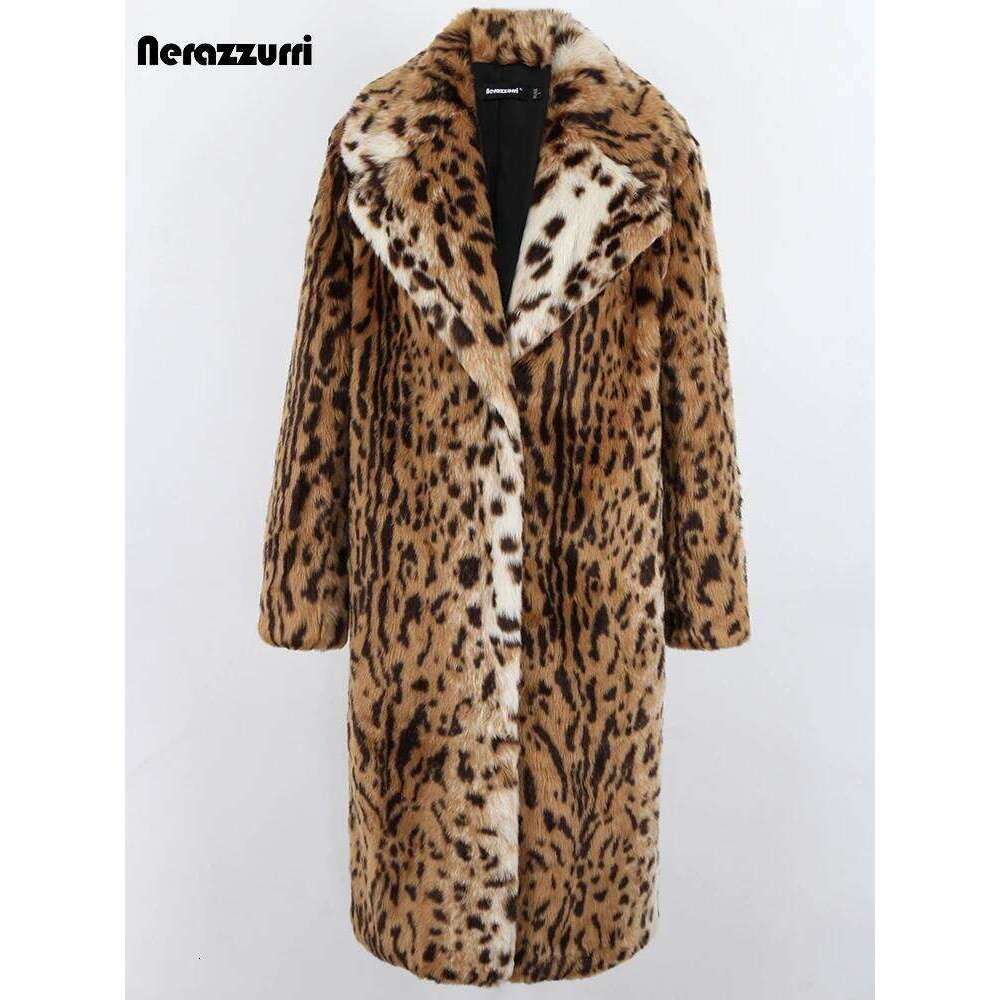 Nerazzurri Winter Long Loose Thick Warm Soft Fluffy Leopard Print Faux Fur Coat Women Lapel Runway European Fashion 2022