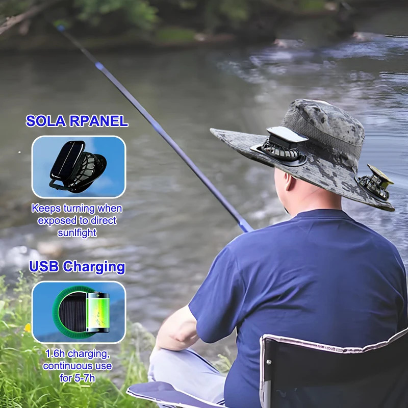 Outdoor Wide Brim Sun Hat With 2 Solar Fan Sun Bucket Hat For Men Women UPF 50 Bucket Fishing Beach Hat With Fan Built In 250526
