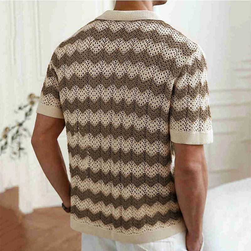 Casual Hollow Out Knitted Shirts Mens Beach Vintage Striped Crochet Knit Cardigans Men Summer Trendy Lapel Button-up Shirt 250526