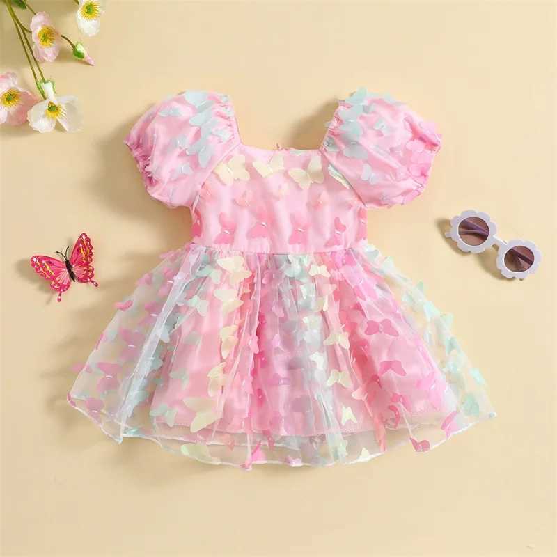 VISgogo Baby Girls Princess Dresses Short Puff Sleeve 3D Colorful Butterfly Tulle A-line Dress Kids Summer Casual Dress X250528
