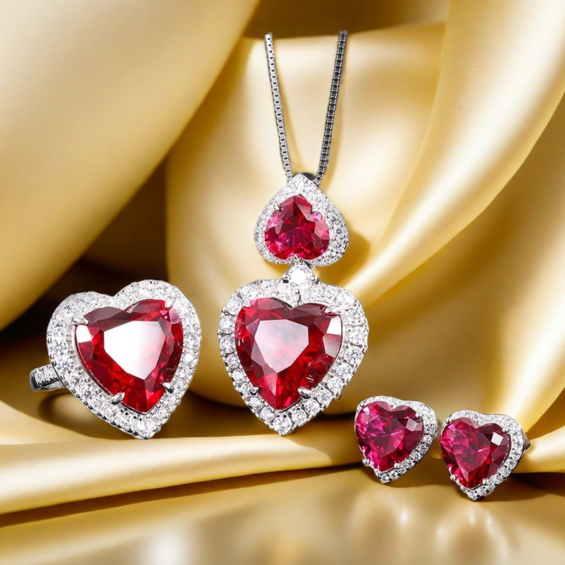 15*15 Love Jewelry Set S925 sterling Silver rose Red High Carbon Diamond Ring, Pendant Necklace, Earrings ,Antique Classic Elegant Precious Jewelry Se