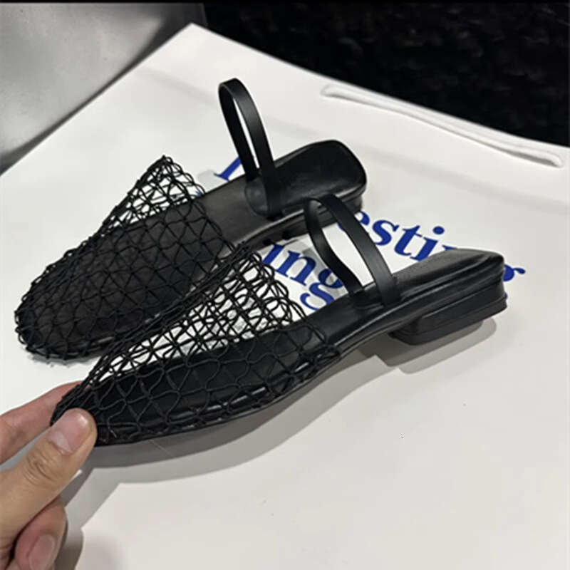 Niche Fishnet Woven Hollow Sandals for Women Summer New Thick Low Heel Round Mules Roman Closed Toe Half Slippers