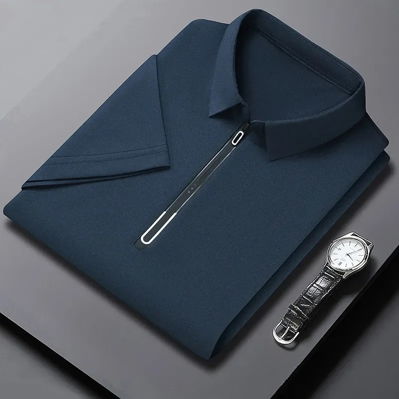 Mens Business Casual Zipper Short Sleeve Solid Color Polo Shirt Fashionable Warm Comfortable Four Seasons Versatile Top 250526