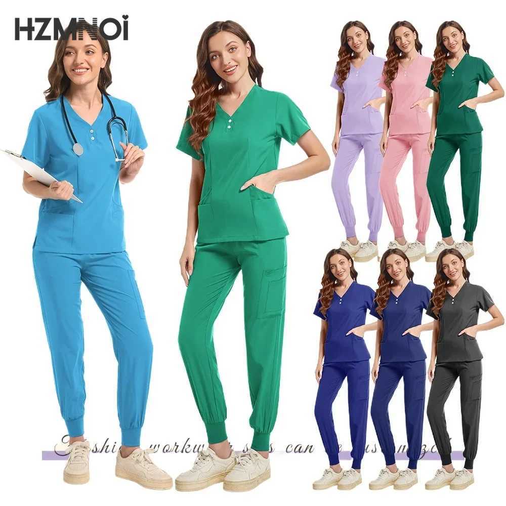 New Scrubs Set Medical Uniforms Stretch Scrub Tops With Pocket Pants Nurse Uniform Doctor Surgery Overalls Beauty Sn Workwear X2505287