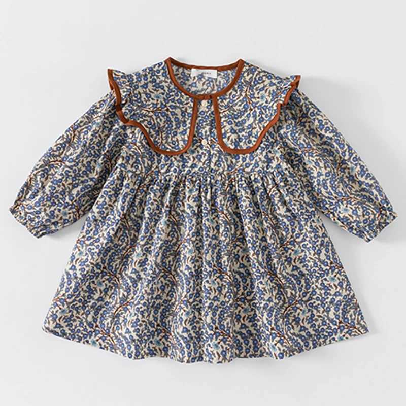 2023 New Autumn Spring New Girls Dress Fashion Cute Doll Neck Flower Print Dress Childrens Girls Long Sleeve Princess Dress X250528