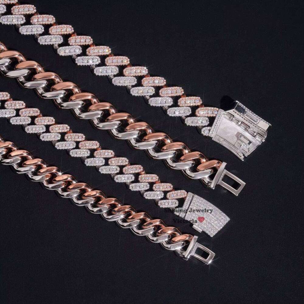 Hot Sell Men Sterling Sier 10MM 13MM Three Rows Rose Gold Cuban Link Chain Iced Out VVS Moissanite Dia Necklace