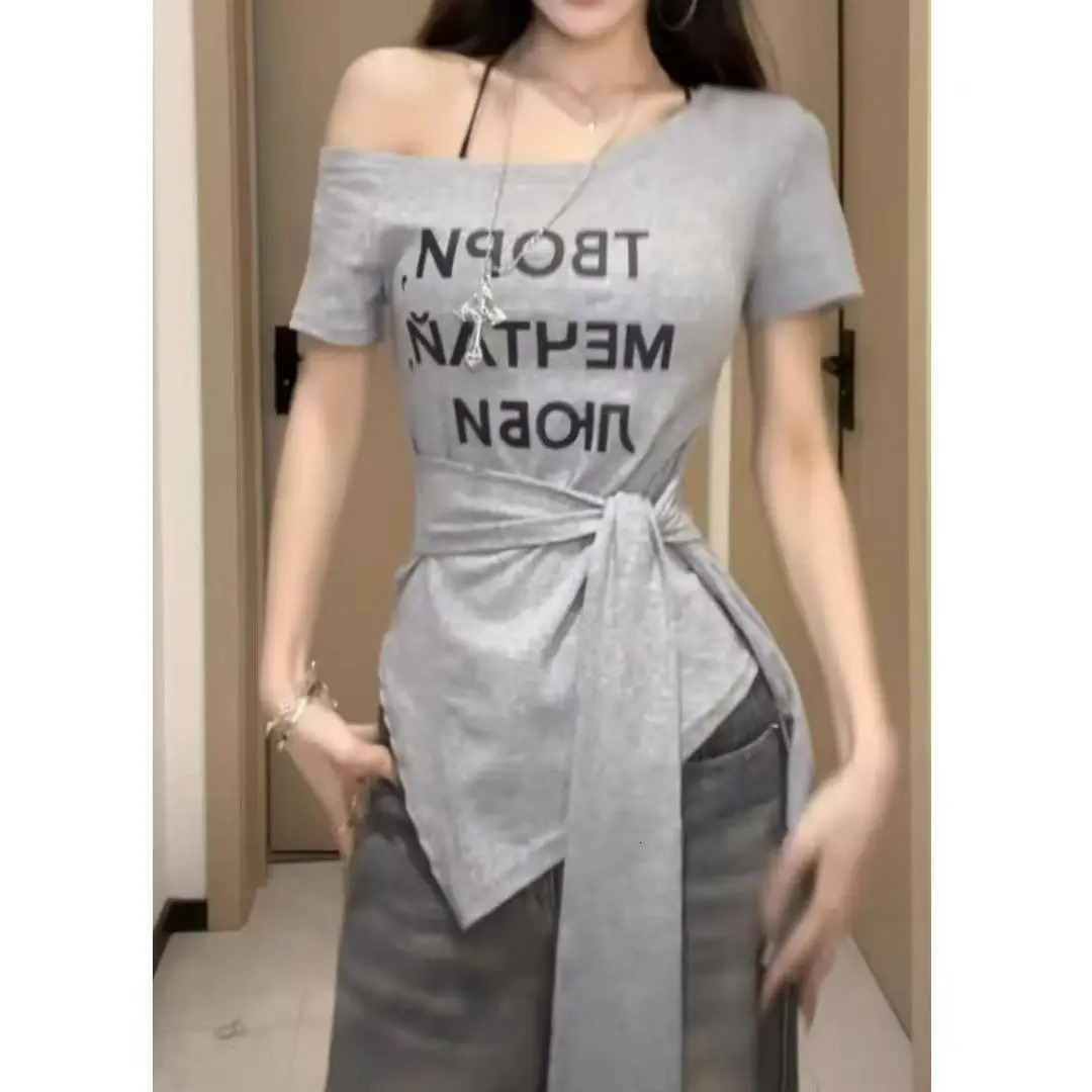 Strap Waisthugging Slim 2025 Tops for Summer Letter Tshirt Offshoulder Shortsleeved Pullover 250517